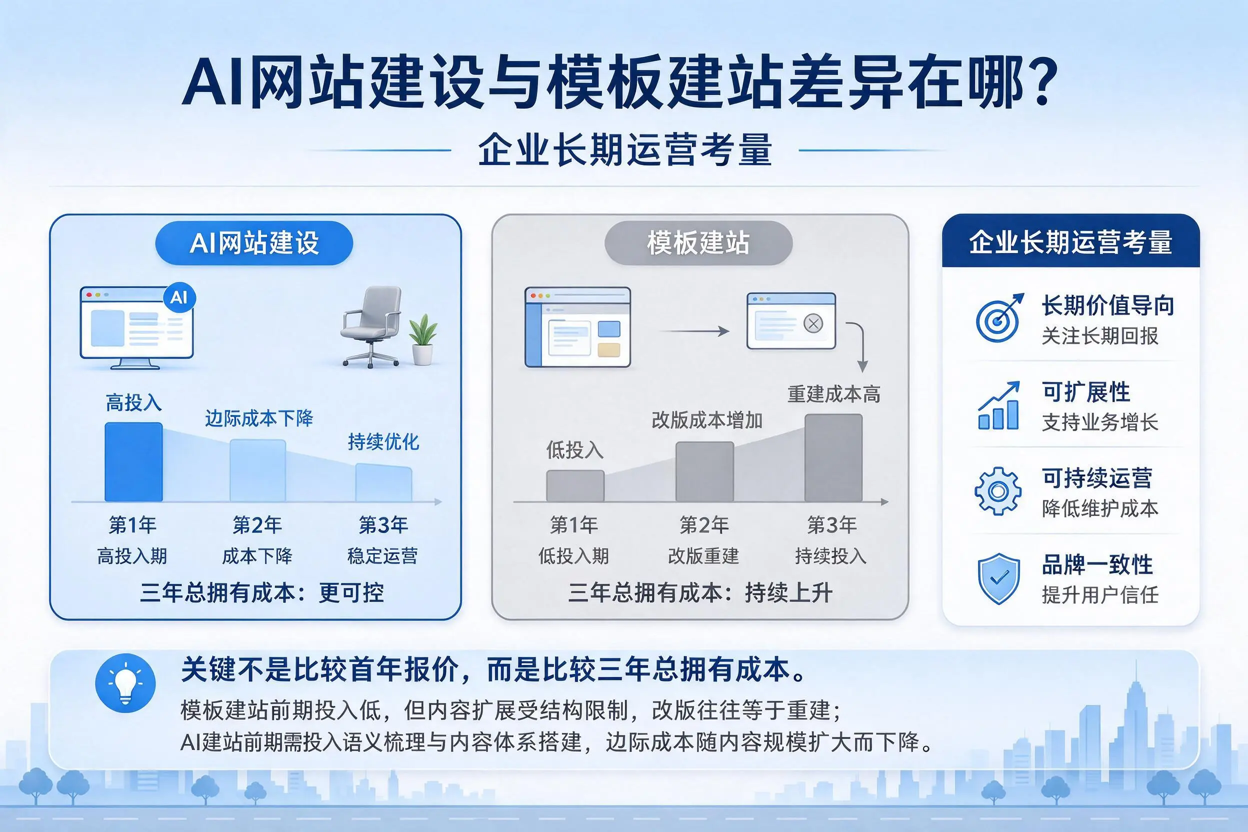 AI网站建设与模板建站差异在哪？陇南企业长期运营考量